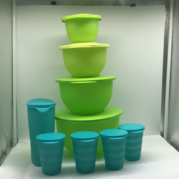 Tupperware Impressions Classic  Bowl  (4) & Jug (4) Tumbler Green & Blue Color - Picture 4 of 16